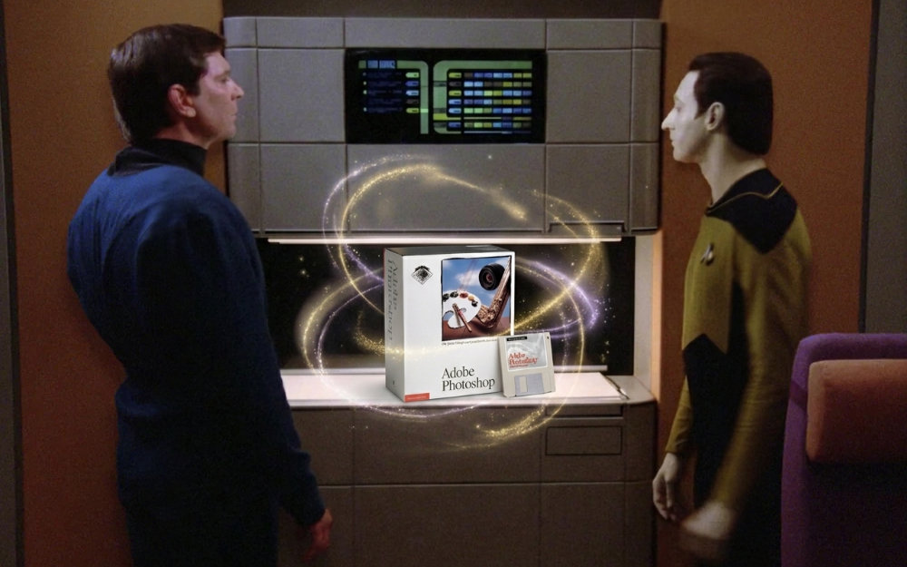 In this photo montage Lieutenant Commander Data uses the replicator on the starship Enterprise to materialize a copy of Photoshop.